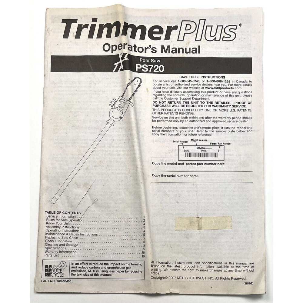 TRIMMER PLUS Operator's Manual User Guide Instruction Book for Pole Saw PS720